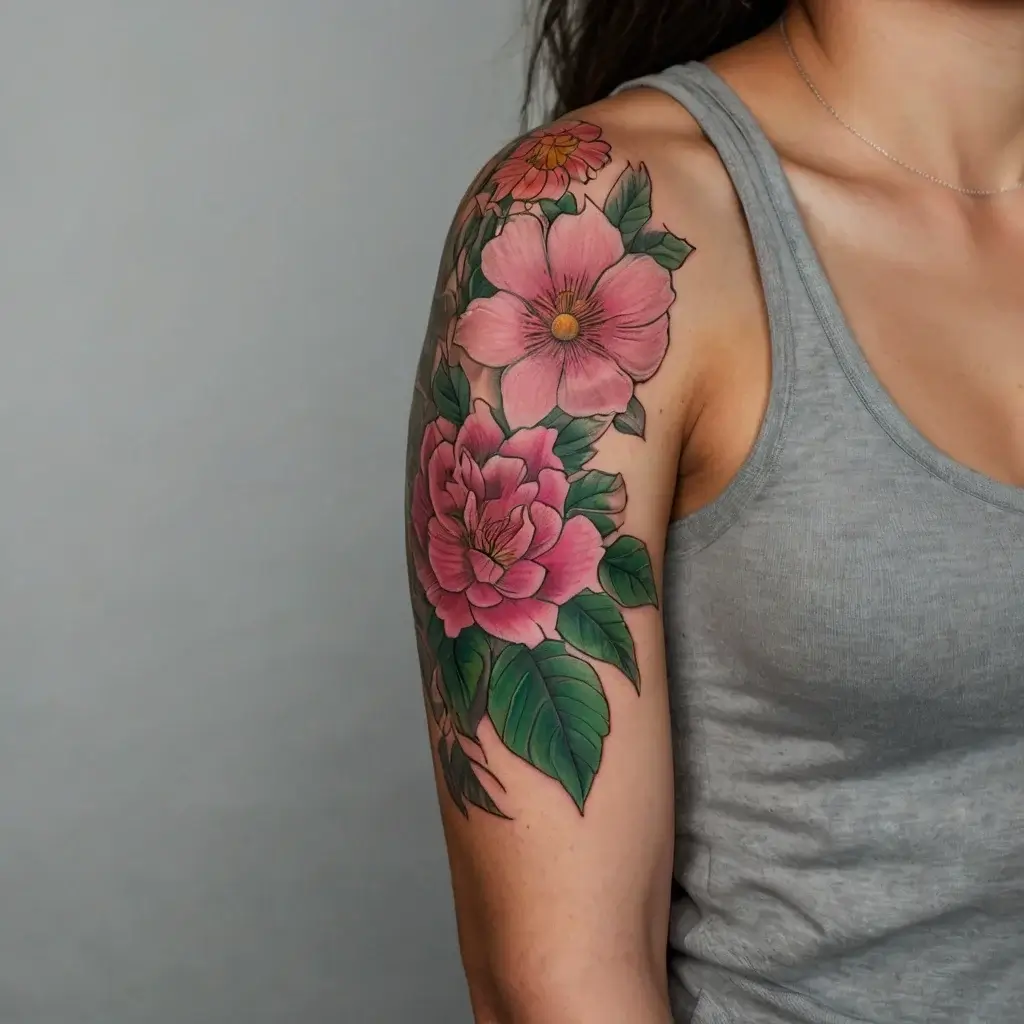 Vibrant floral tattoo covering shoulder and arm with pink flowers and lush green leaves, showcasing detailed artistry.