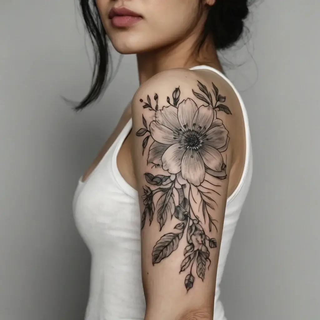 Black and gray floral tattoo on upper arm featuring a large, intricate flower with delicate leaves and branches.