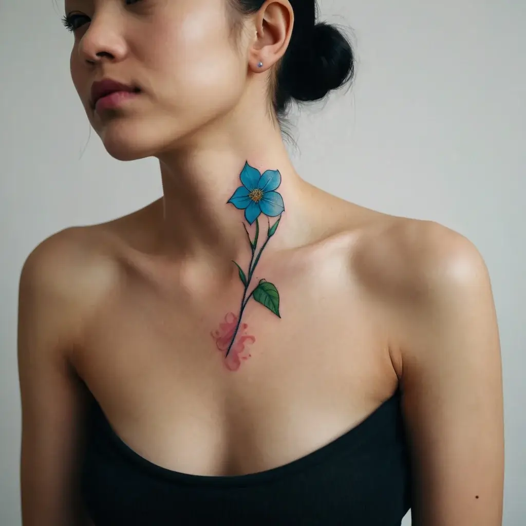 Neck tattoo of a blue flower with a single stem and leaf, featuring pink watercolor accents at the base for a delicate touch.