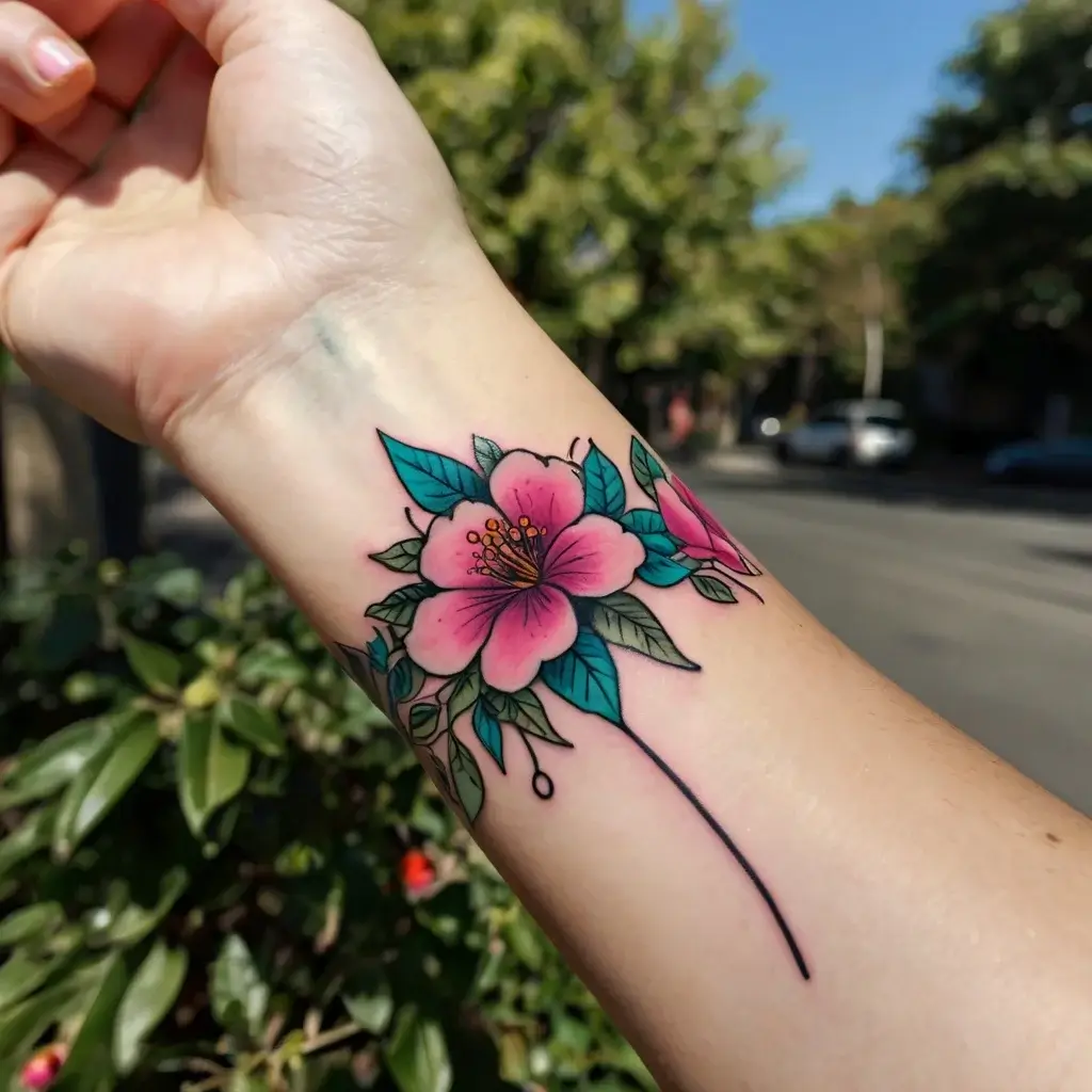 Tattoo of a vibrant pink flower with teal leaves on an arm. The design features detailed line work and shading.