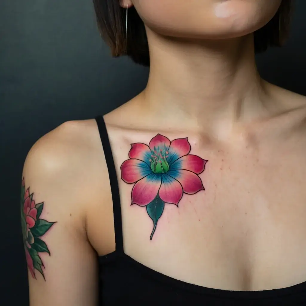 A vibrant chest tattoo of a pink and blue flower with green accents, featuring detailed petals and central stamen.