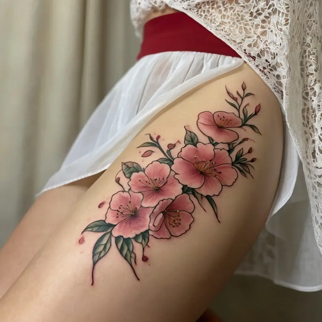 Tattoo of delicate pink cherry blossoms with green leaves, intricately detailed and elegantly flowing down the thigh.