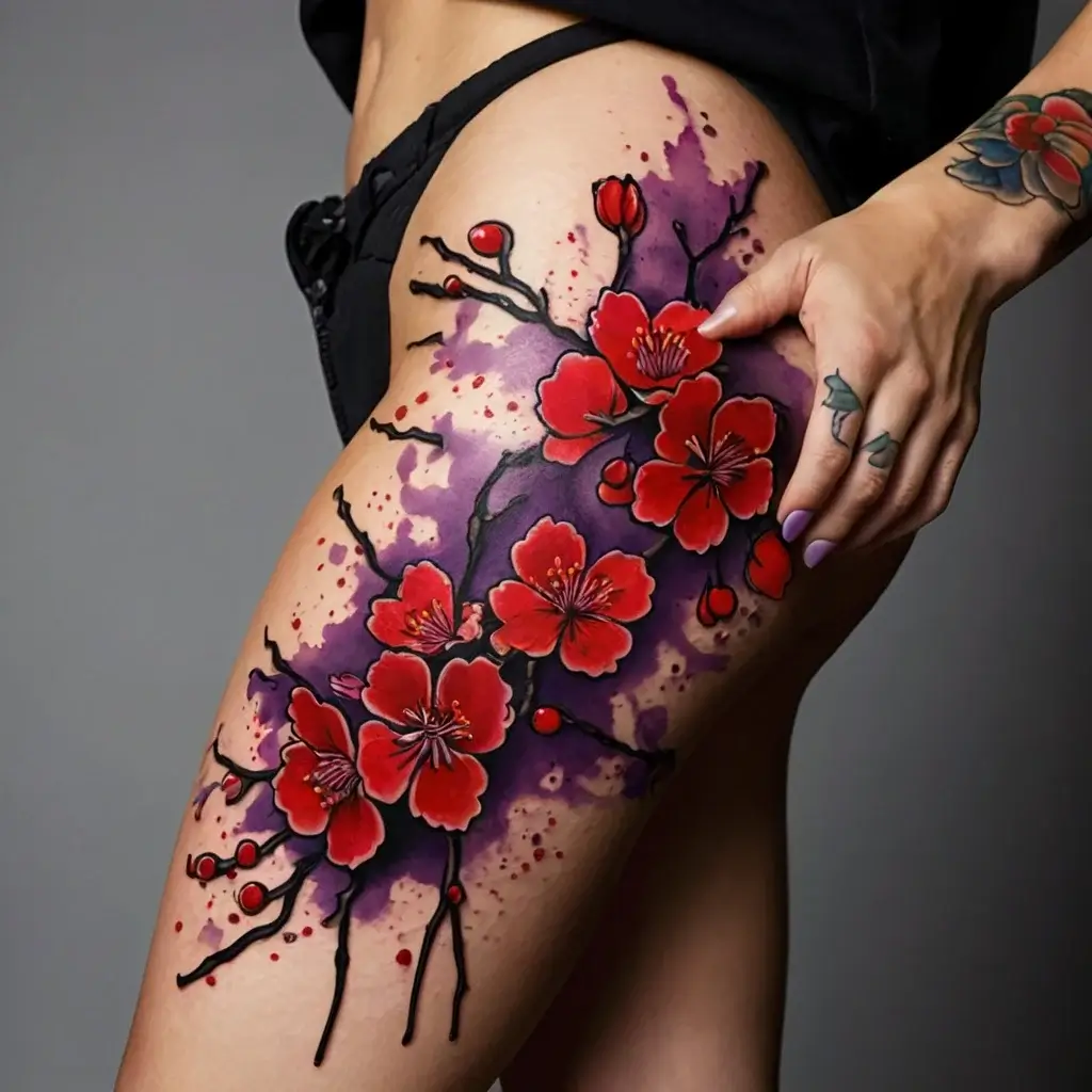 Tattoo of vibrant red cherry blossoms on branches with a watercolor-style purple background on the upper thigh.