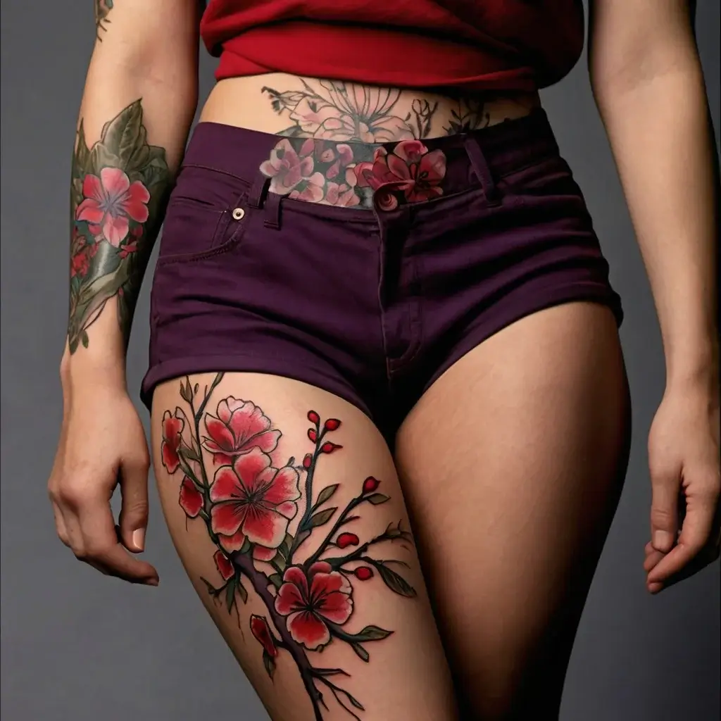 Tattoo of vibrant red flowers and buds on branches, wrapping around the thigh and extending to the torso in a detailed, organic design.