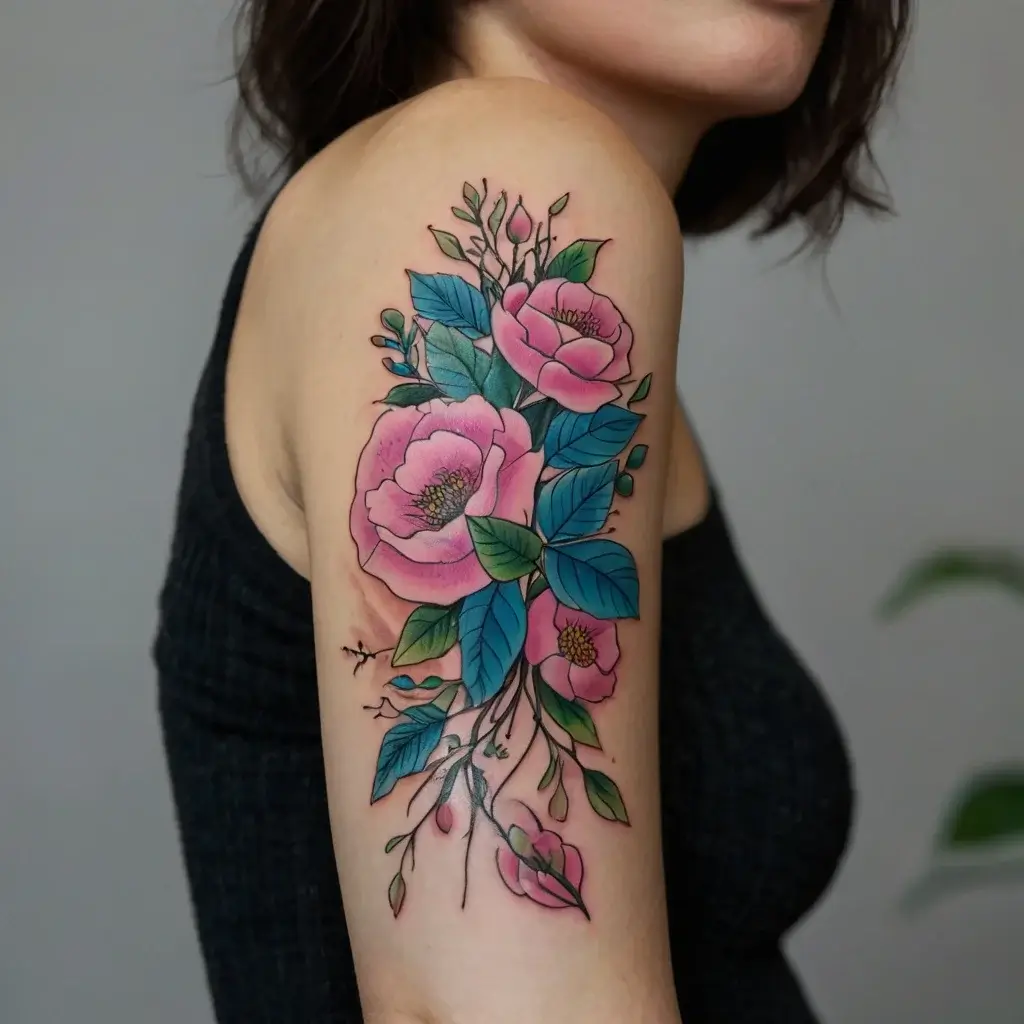 Tattoo of vibrant pink peonies with teal leaves on the upper arm, showcasing intricate details and organic flow.