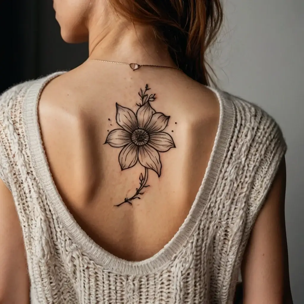 Delicate black ink flower tattoo with leaves and dots, centered on the upper back for a feminine, elegant touch.