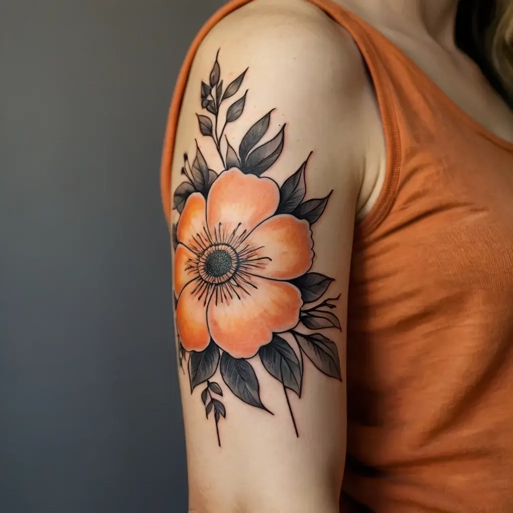 Bold orange flower tattoo with detailed black and gray leaves on the upper arm, showcasing intricate line work.