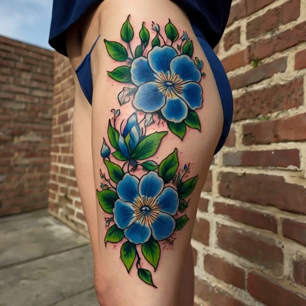 Tattoo of vibrant blue flowers and green leaves on a thigh, featuring bold outlines and detailed shading.