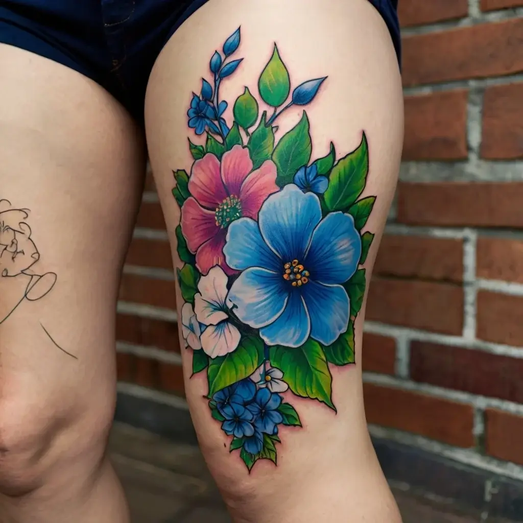 Vibrant floral tattoo featuring large blue and pink flowers with lush green leaves, beautifully shaded for depth and realism.