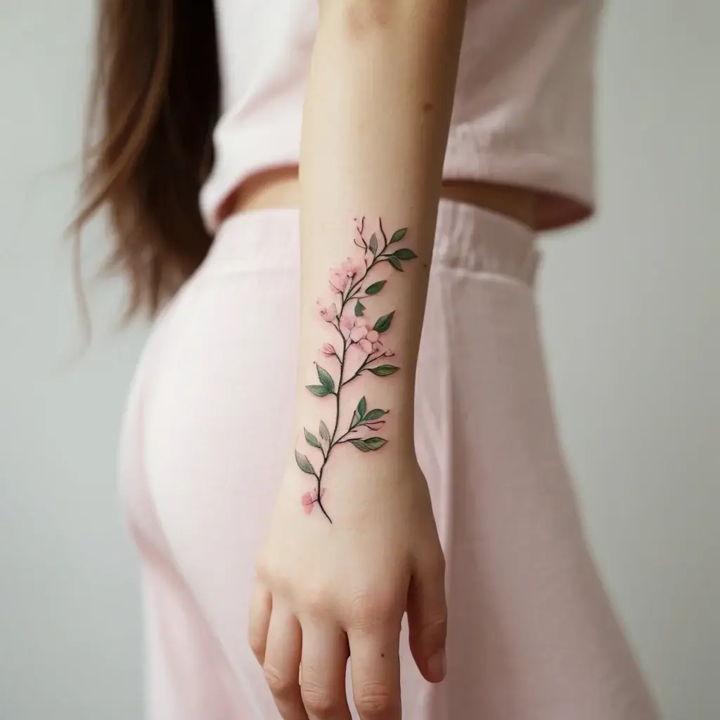 Delicate floral tattoo on forearm featuring pink blossoms and green leaves, creating an elegant, natural design.