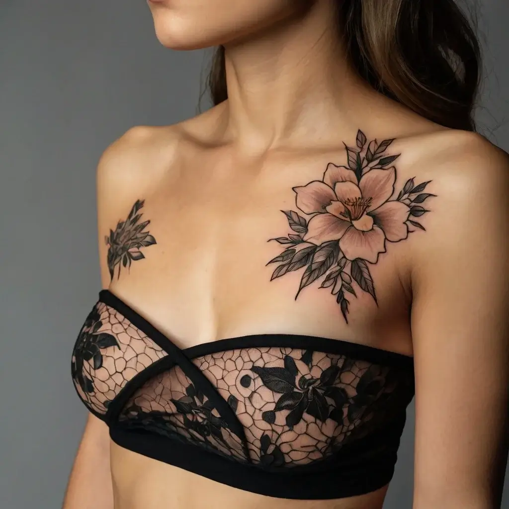 Delicate floral tattoo with a peach-hued flower and intricate leaves on the shoulder, adding elegance to the neckline.