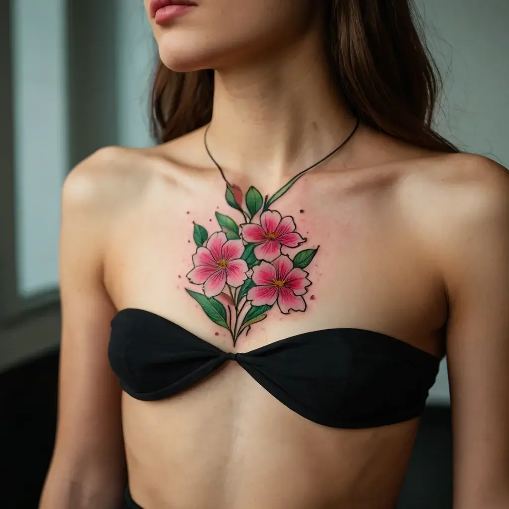 Chest tattoo featuring vibrant pink flowers with green leaves, elegantly shaded, and enhanced with subtle dot accents.