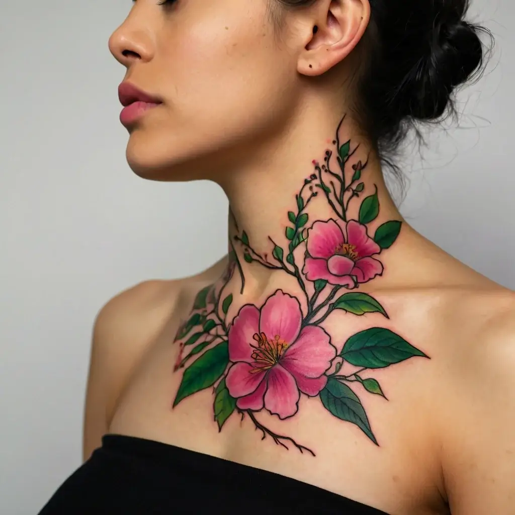 Neck tattoo of vibrant pink flowers and green leaves, intricately detailed with delicate branches extending towards the collarbone.