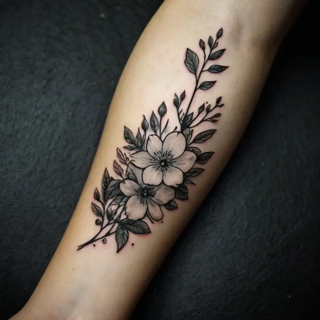 Black and gray floral tattoo with detailed blossoms and leaves on forearm, highlighting elegance and natural beauty.