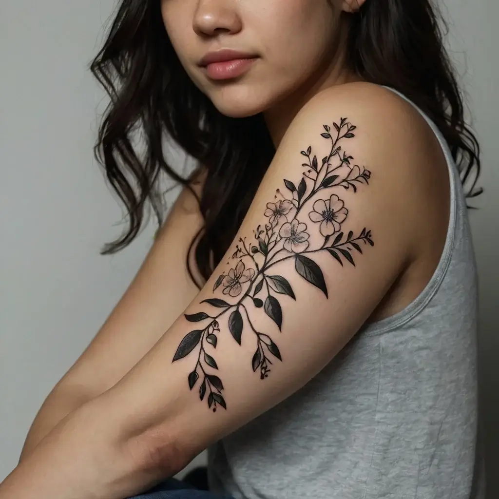 Floral tattoo on upper arm with intricate black linework, featuring blooming flowers and detailed leaves branching elegantly.