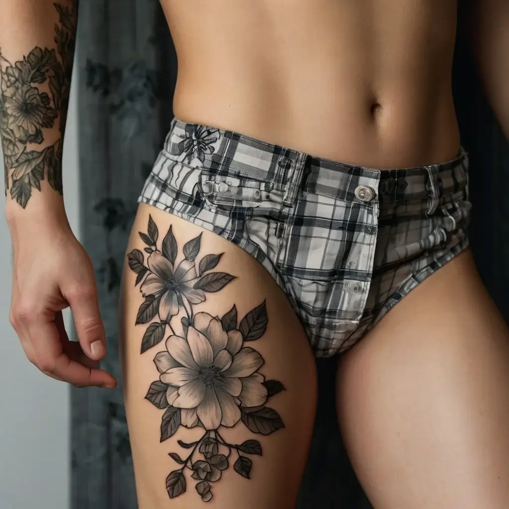 Thigh tattoo featuring large, intricately shaded flowers and leaves, creating a bold yet elegant floral pattern.