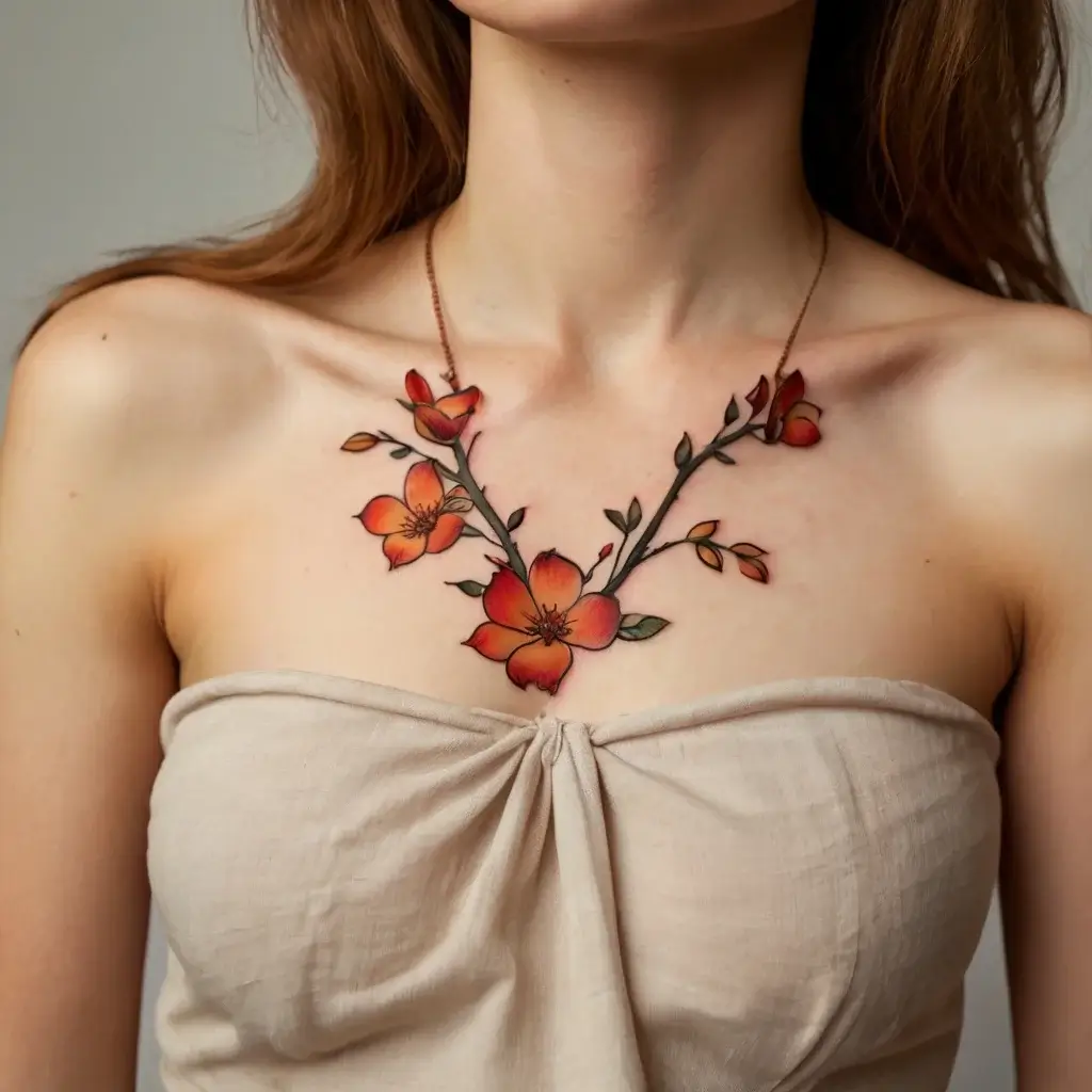 Chest tattoo of vibrant orange blossoms on dark branches, elegantly spreading across the upper chest.