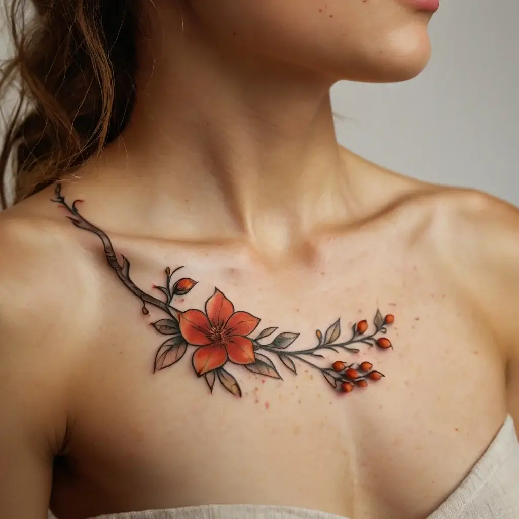 Ornate floral tattoo with an orange blossom and leaves, extending elegantly across the collarbone area.