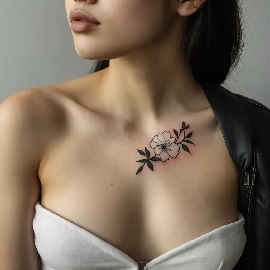 Delicate flower tattoo on chest with fine black outlines and vibrant green leaves, symbolizing elegance and natural beauty.