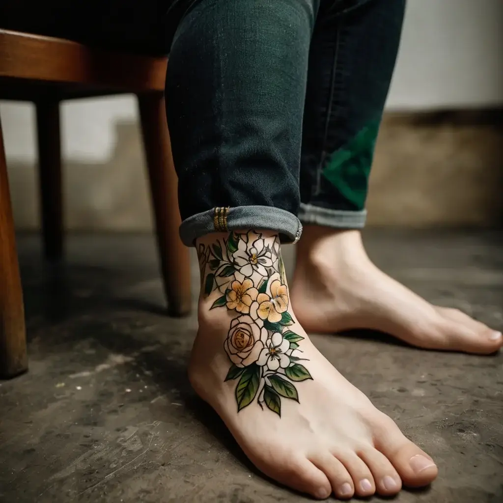 Floral tattoo with orange and white flowers, and green leaves, elegantly covering the foot and ankle.