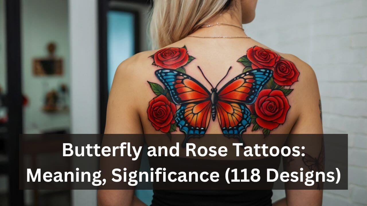 Colorful butterfly and red roses tattoo on upper back, symbolizing transformation and love against a clean backdrop.