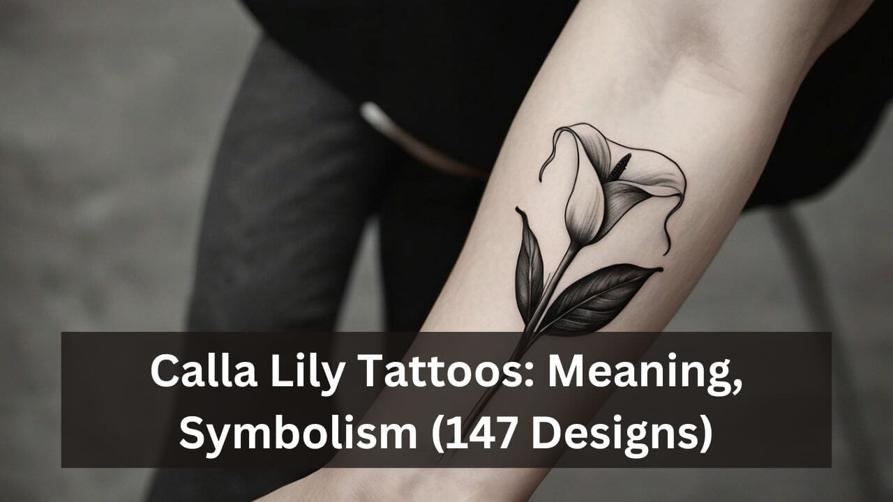 Black and gray calla lily tattoo on forearm, featuring delicate shading and detailed leaves.