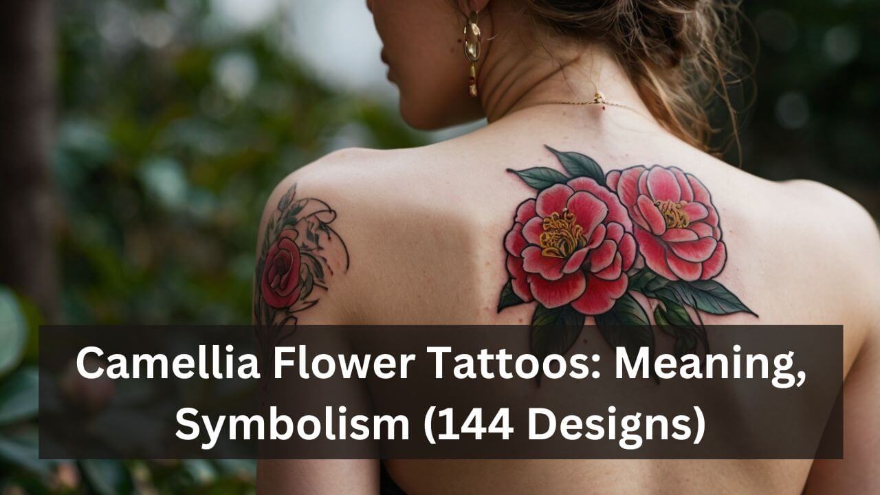 Colorful camellia flower tattoo on upper back, featuring bold red petals and green leaves, symbolizing love and admiration.