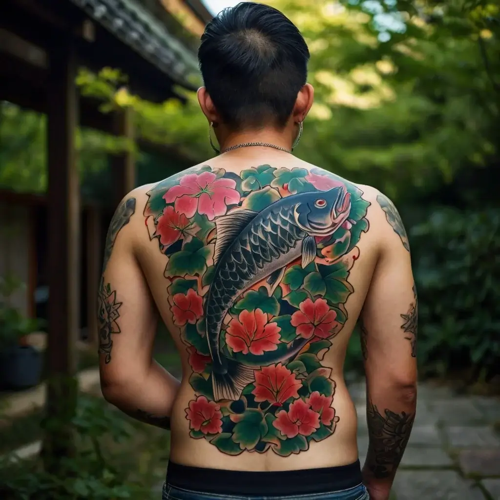 Colorful koi fish tattoo on back, adorned with vibrant red flowers and green leaves, symbolizing strength and perseverance.