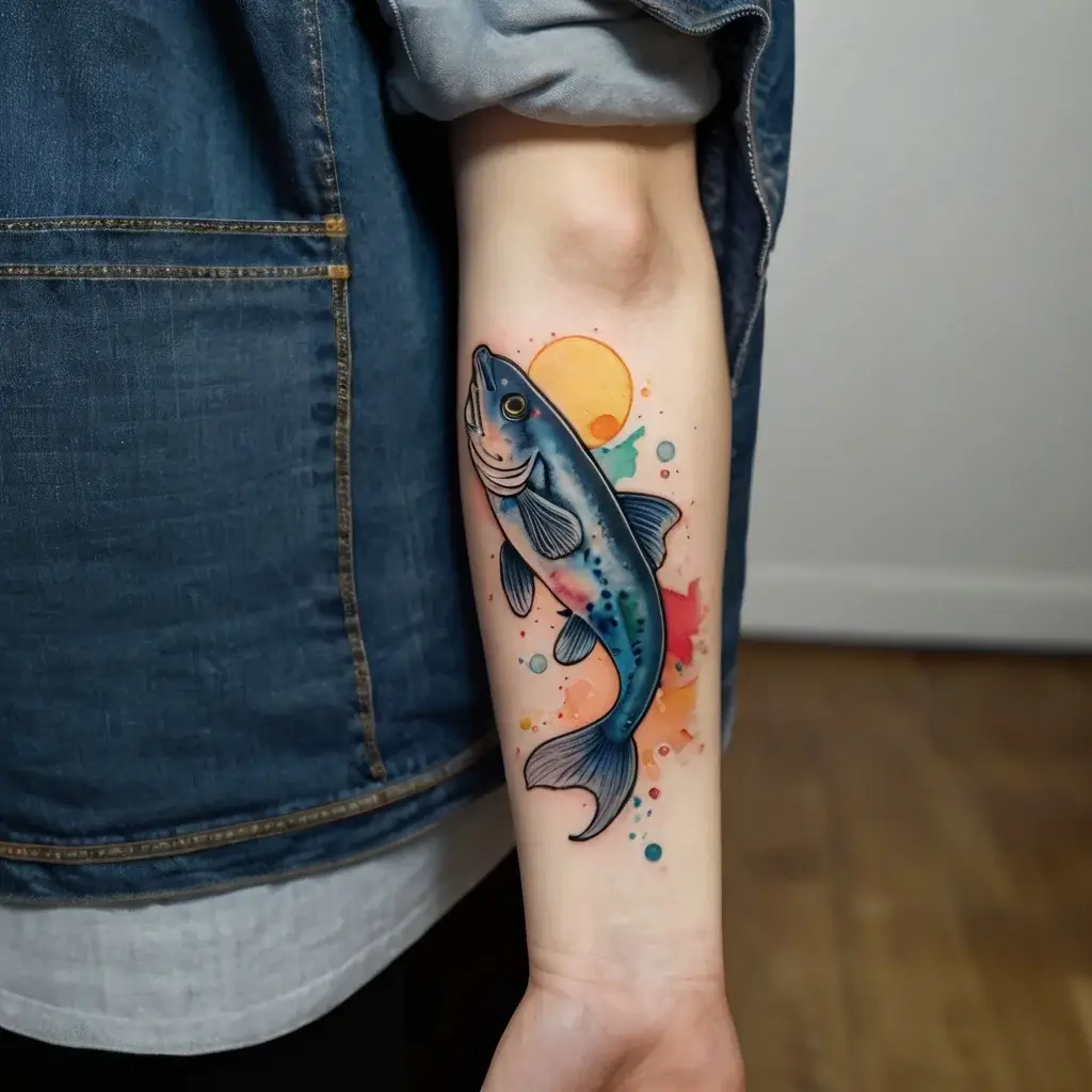 Tattoo of a blue fish leaping, with watercolor splashes and a yellow sun backdrop on the forearm. Vibrant and dynamic.