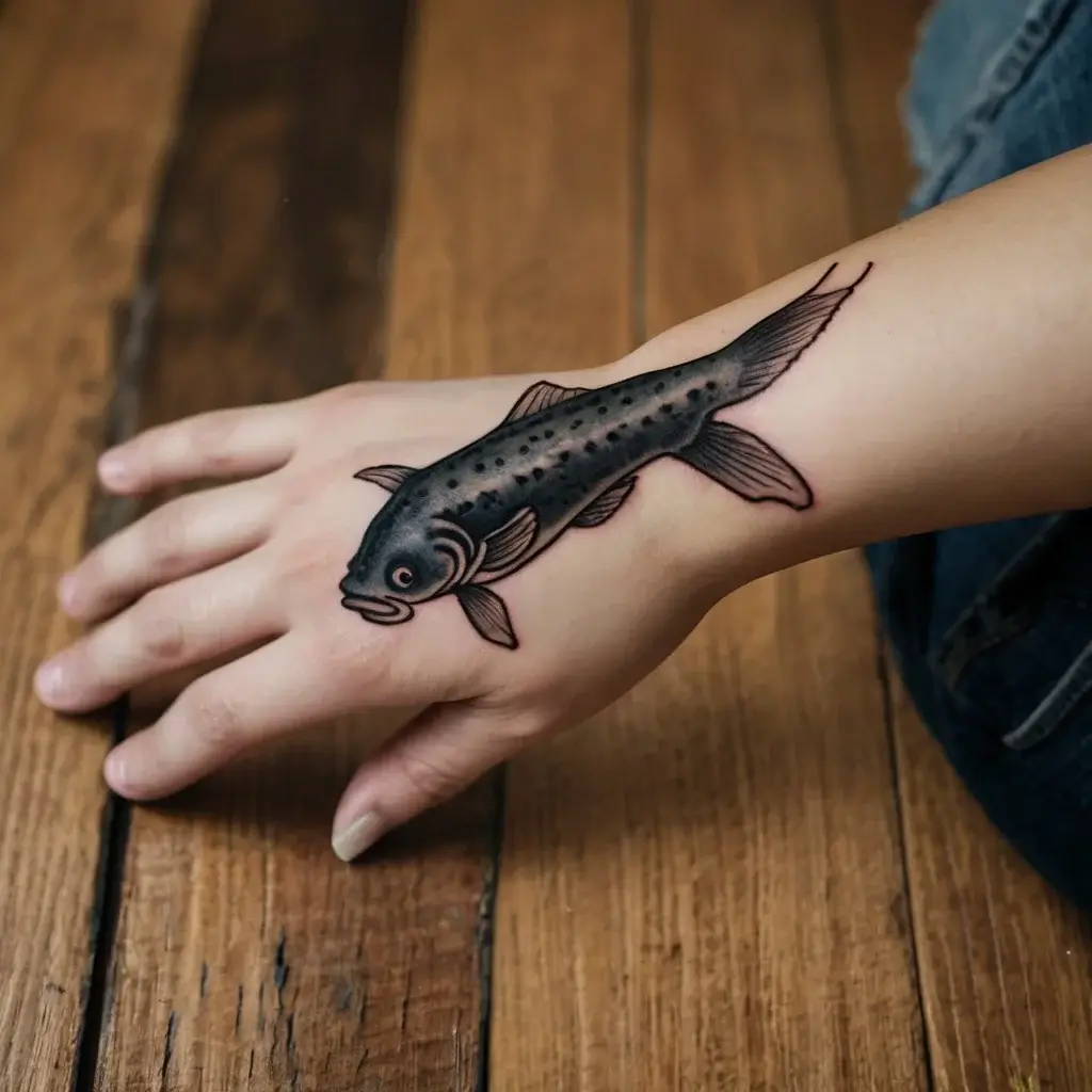 Black koi fish tattoo on the hand, showcasing elegant shading and fine lines, symbolizing strength and perseverance.