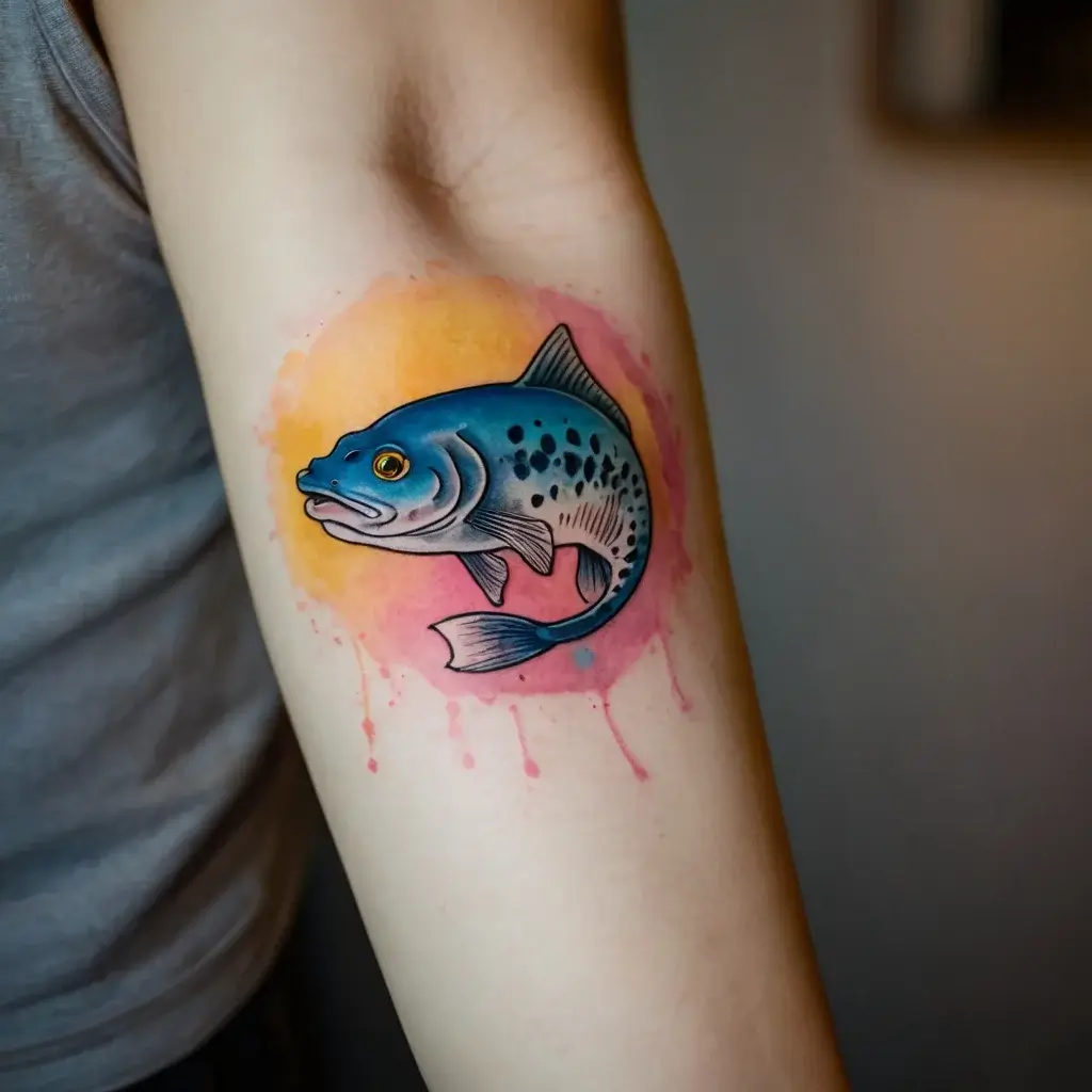 Tattoo of a blue fish with black spots, set against a watercolor background in orange and pink, on an arm.