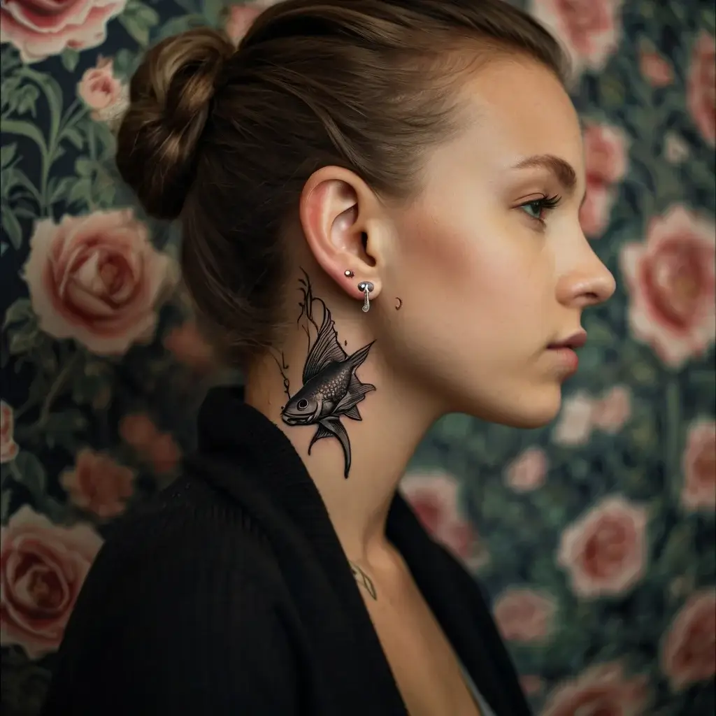 Black ink fish tattoo on neck with ornate details, showcasing flowing fins and bubbles, against a floral background.