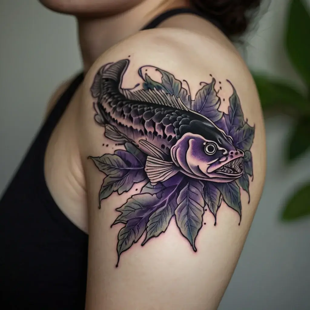 Tattoo of a black koi fish with purple hues, surrounded by detailed leaves, on the upper arm.