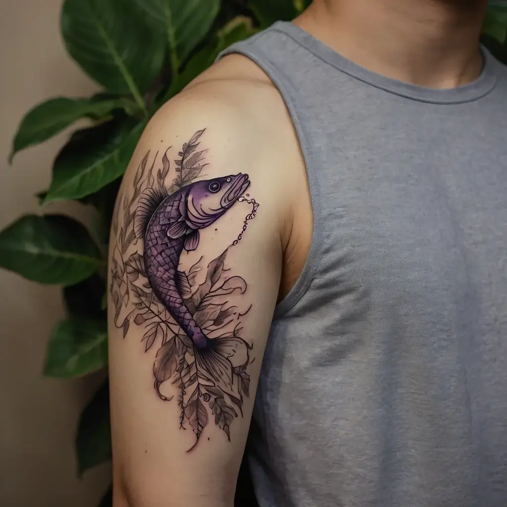 Vibrant purple koi fish tattoo on upper arm, intertwined with flowing leaves and detailed scales, symbolizing perseverance.