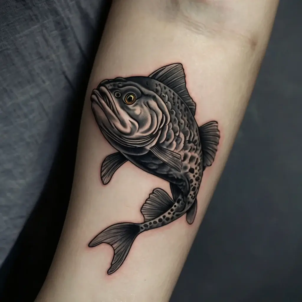 Realistic fish tattoo with intricate scales and vivid eyes, creating a 3D effect on the forearm.