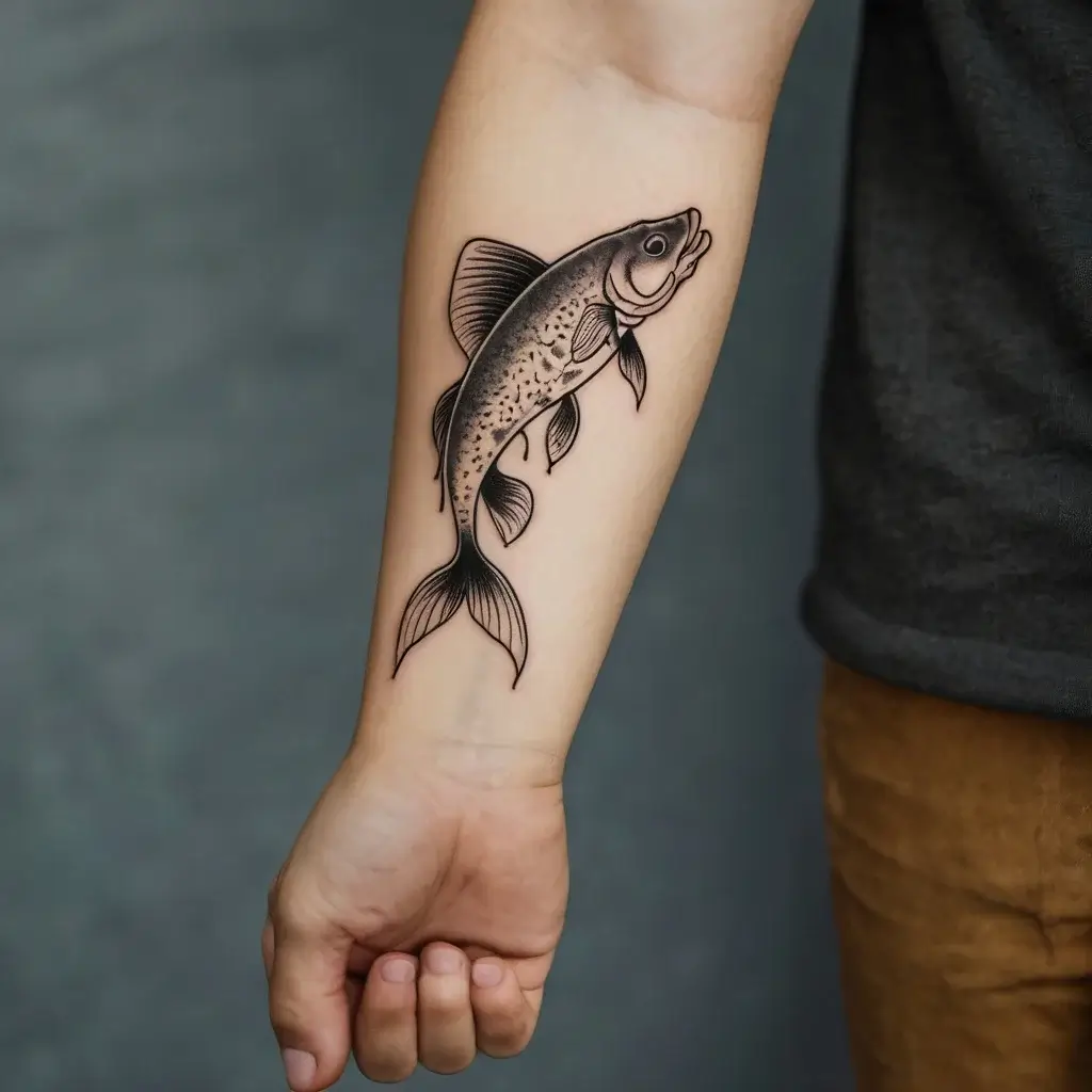 Tattoo of a detailed koi fish on the inner forearm, known for symbolizing strength, perseverance, and transformation.