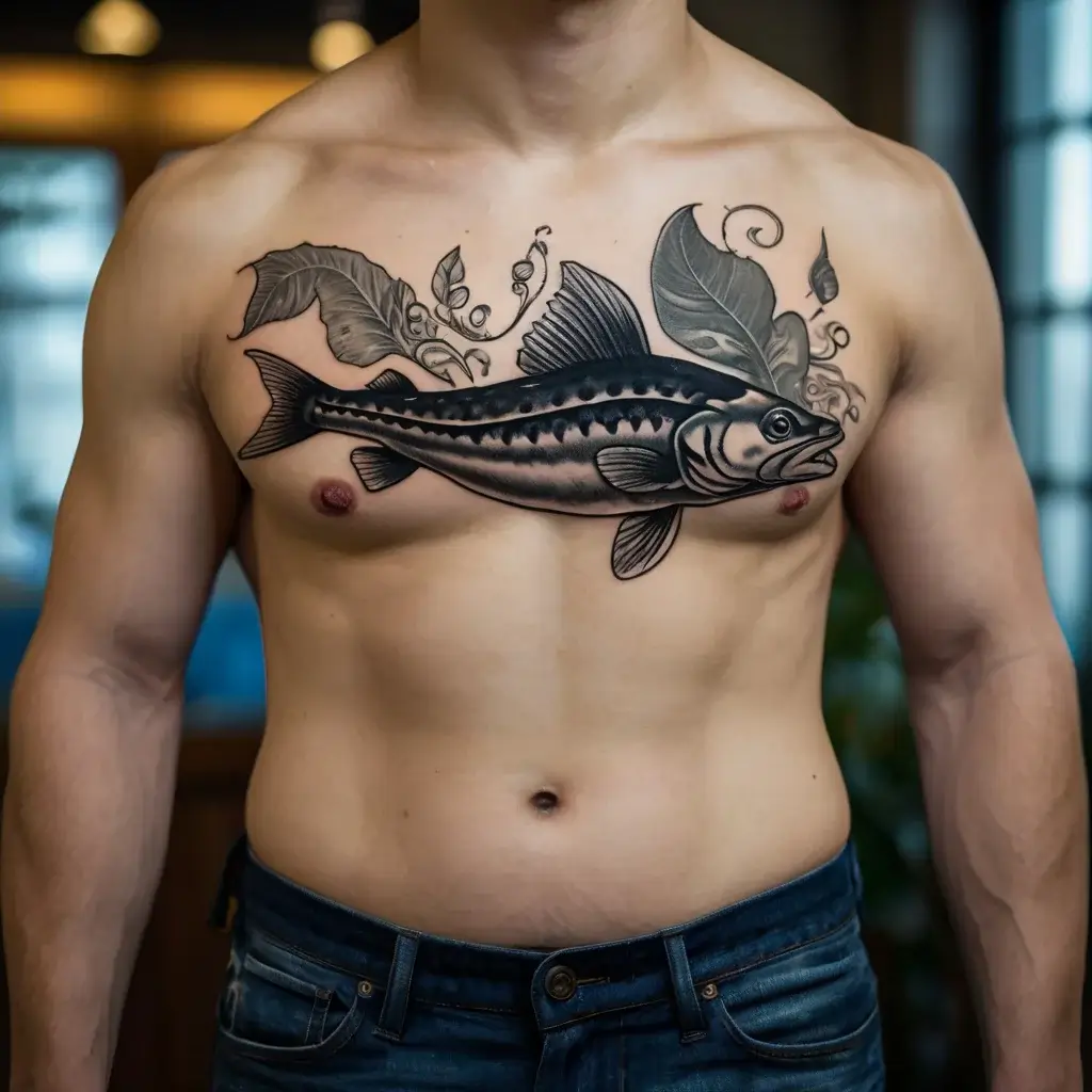 Tattoo of a stylized fish with intricate scales and flowing leaves, spanning the chest in bold black and gray shading.