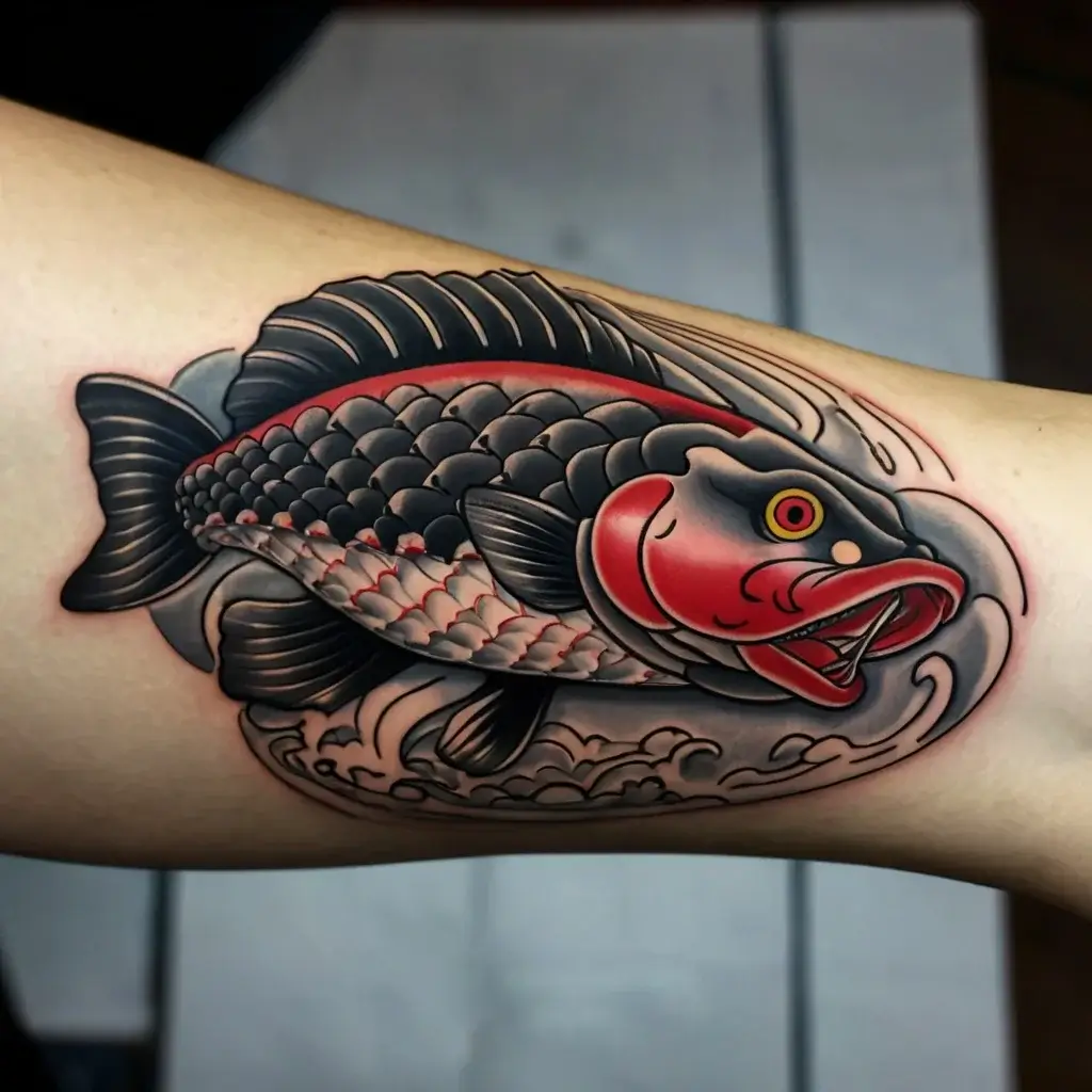 Traditional koi fish tattoo in vibrant black and red, with stylized scales and water splashes on arm.