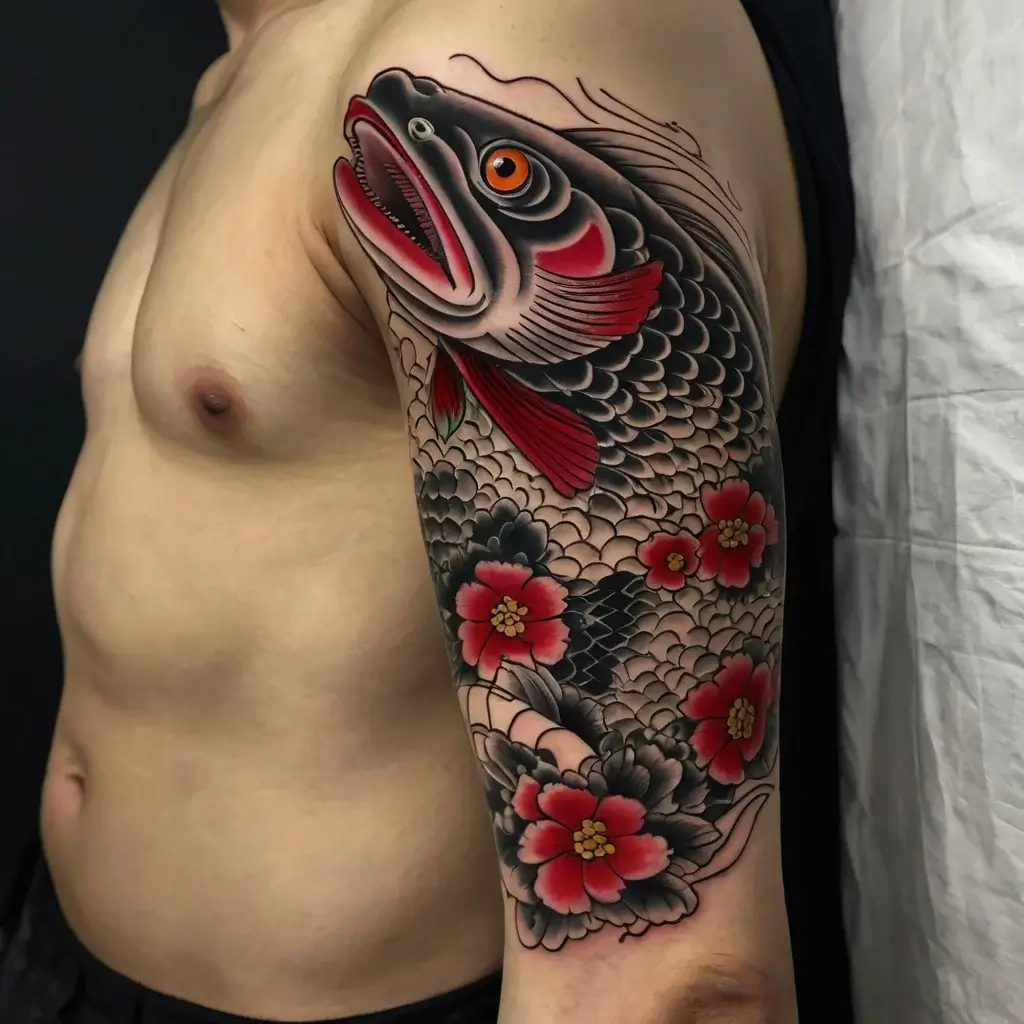 Tattoo of a vibrant koi fish with red fins surrounded by blooming red flowers, covering the upper arm.