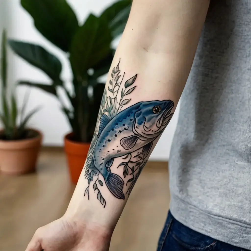 Forearm tattoo of a detailed blue fish with black spots, surrounded by green leaves, showcasing realistic aquatic beauty.