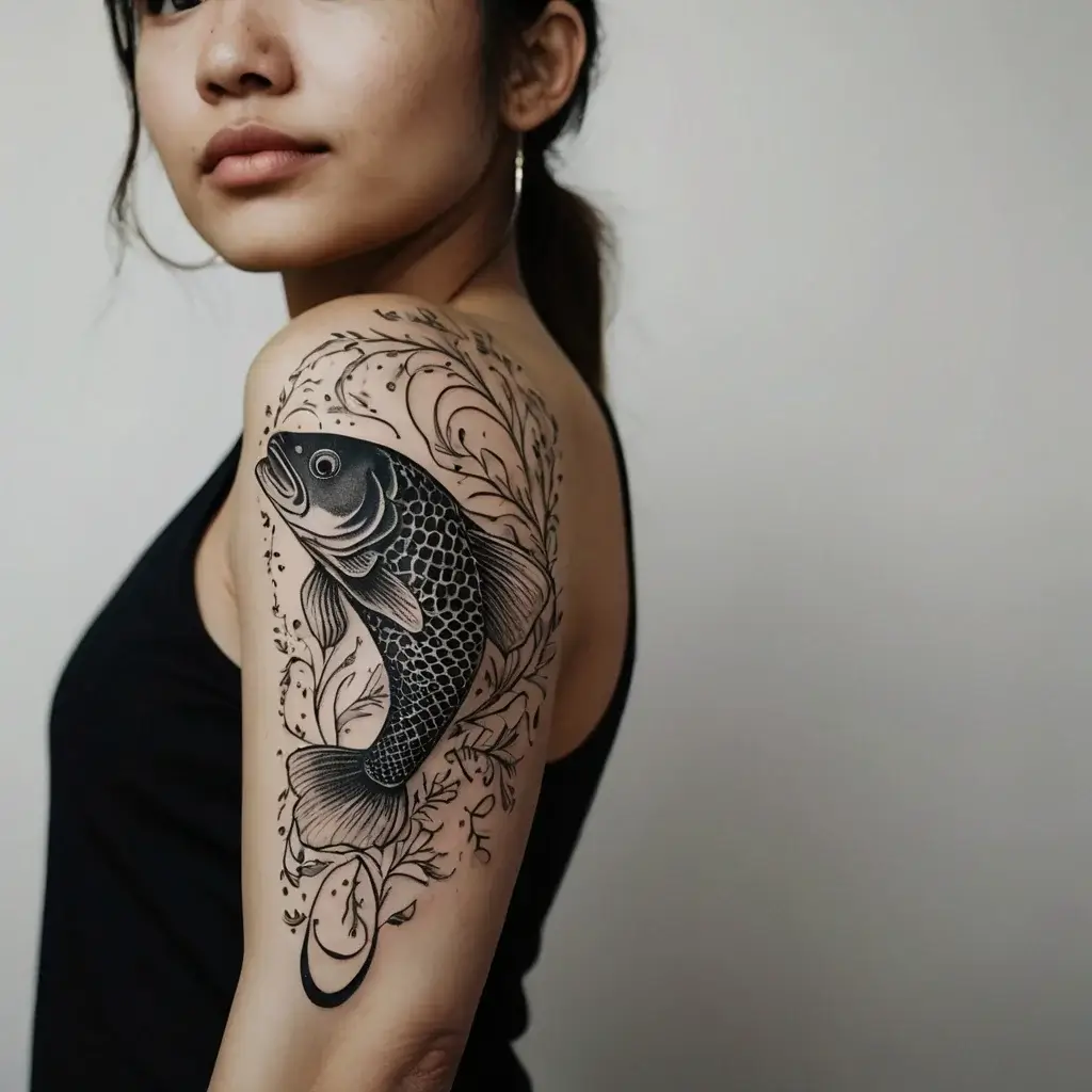 Tattoo of a koi fish with intricate scales and flowing fins, surrounded by swirling floral patterns on the upper arm.