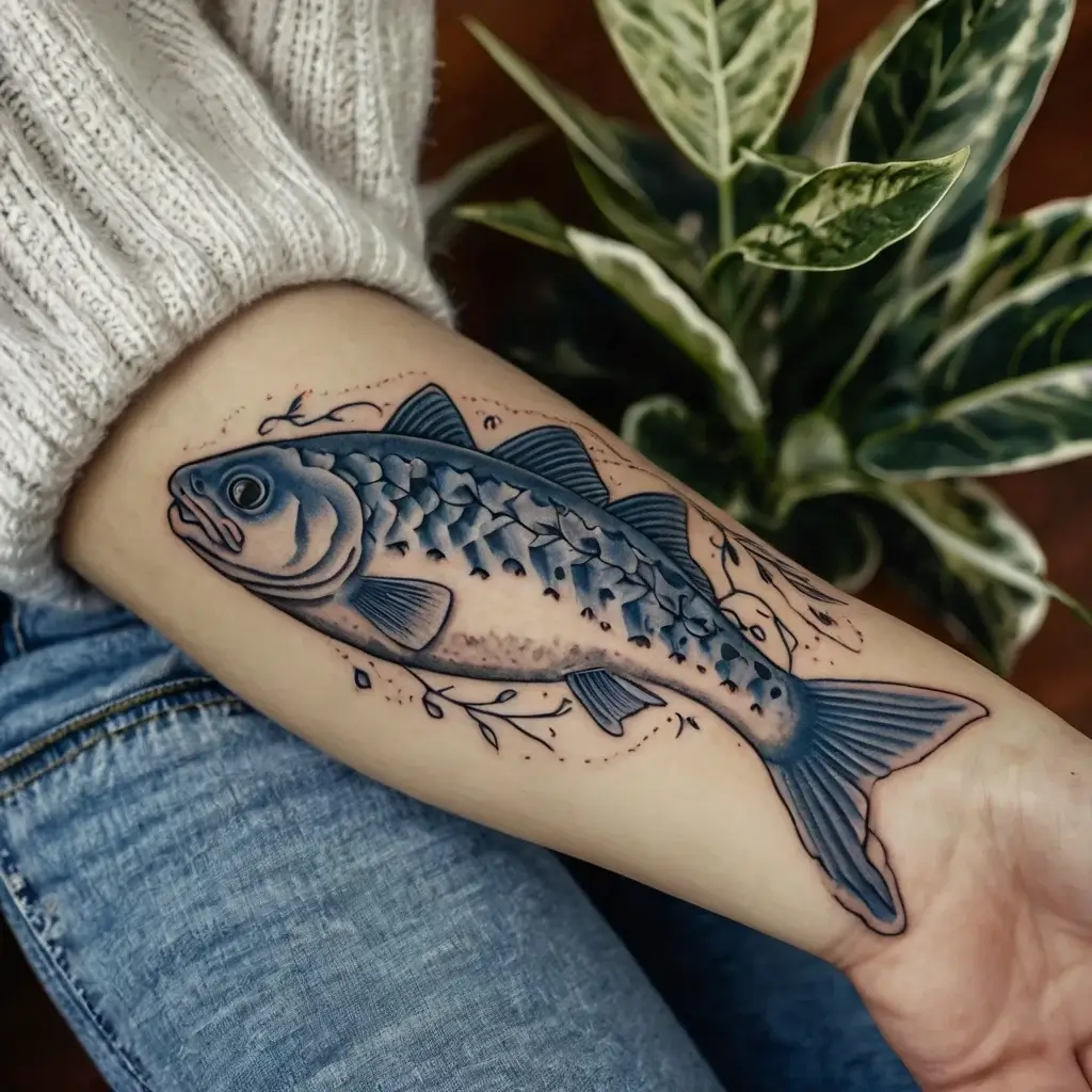 Realistic fish tattoo on forearm, showcasing detailed scales and fins with subtle black and blue shading, surrounded by leaves.