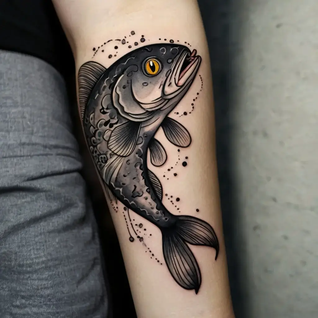 A realistic fish tattoo with intricate shading, golden eye, and water droplet details, creating movement on the arm.