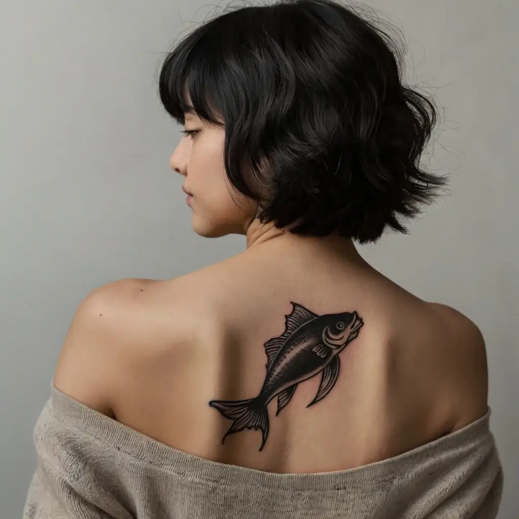 Black ink fish tattoo on upper back, featuring bold outlines and shading for depth and movement.