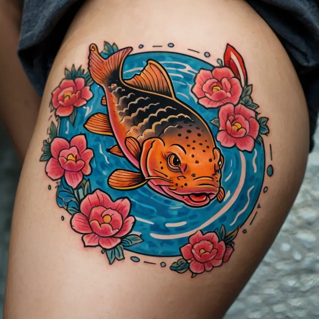 Colorful koi fish swimming in blue water, surrounded by pink flowers on a thigh, symbolizing perseverance and beauty.