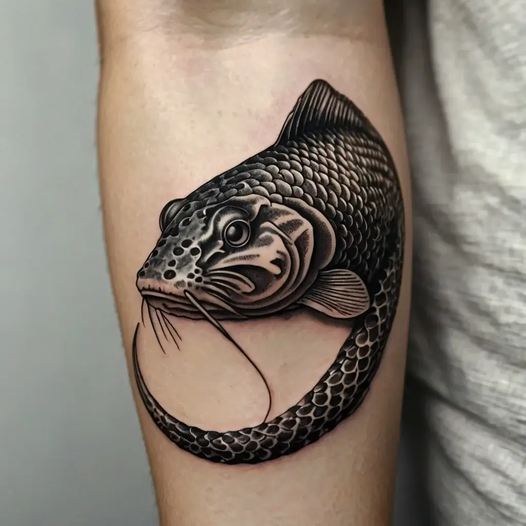 Realistic fish tattoo with intricate shading and scaled texture, depicting a fish curving around the arm in 3D style.