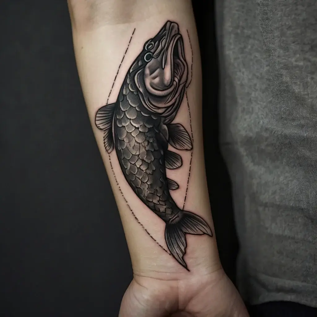 Blackwork fish tattoo with detailed scales and strong lines on the forearm, framed by dotted geometric lines.