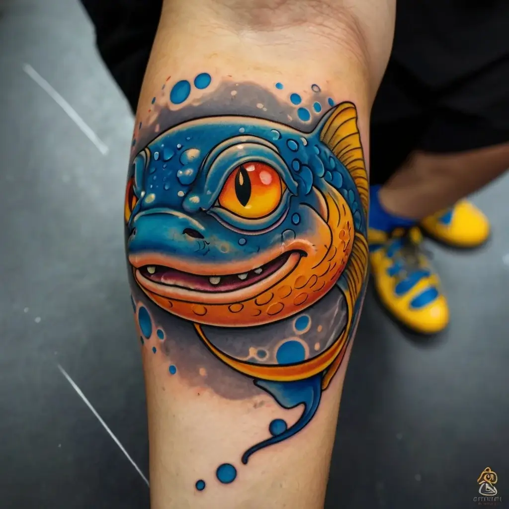 Colorful fish tattoo with vibrant blue and orange hues, large eyes, and dynamic water splash details on an arm.