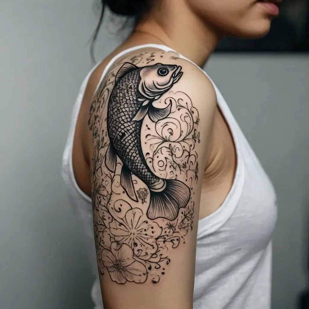 Tattoo of a koi fish surrounded by intricate floral patterns, symbolizing strength and perseverance on the upper arm.