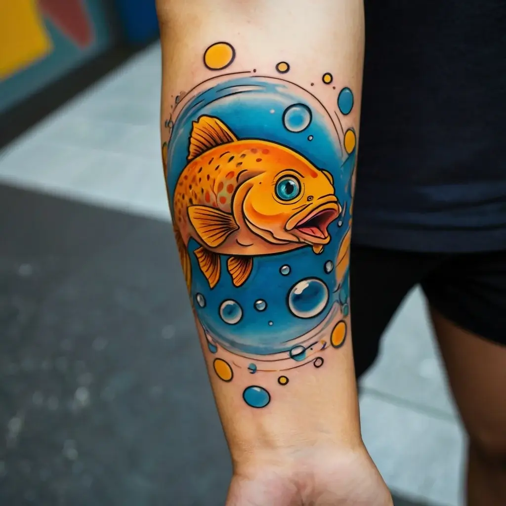 Colorful tattoo of an orange fish surrounded by blue bubbles on an arm; vibrant aquatic theme with lively details.